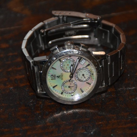 RARE VINTAGE ESTATE MAYORS BIRKS DIAMOND WHITE MOP CHRONOGRAPH SILVER BAND WATCH main image 8